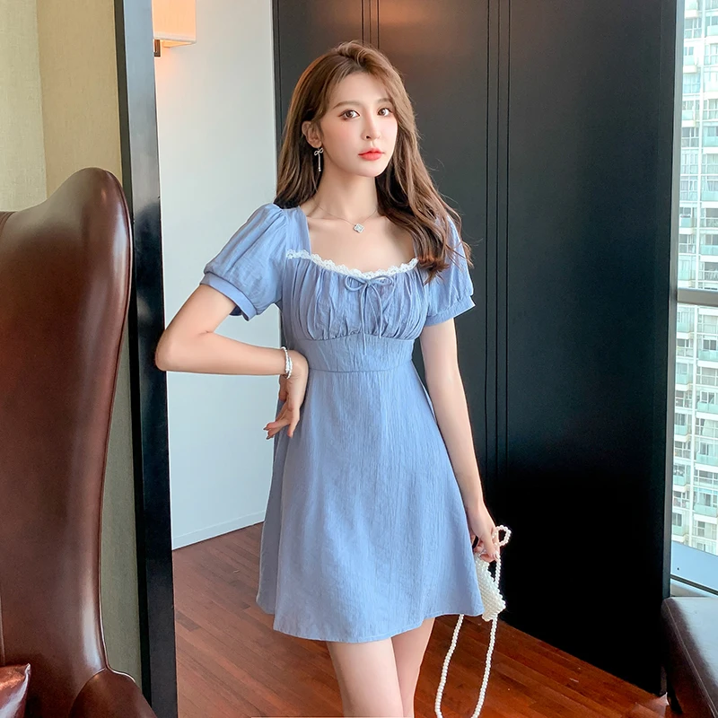 

Restoring ancient ways to film the spot square collar with chiffon dress female summer skirt of tall waist show thin short sleev