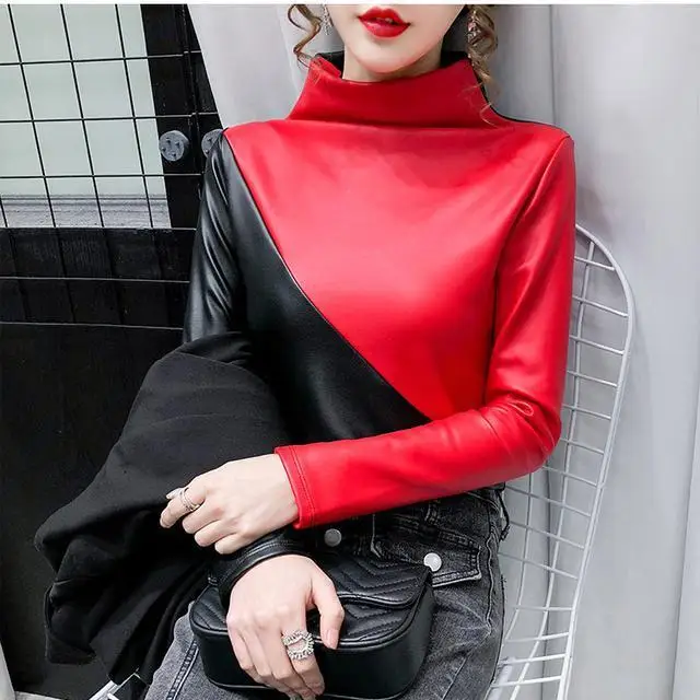 

2020 new fashion temperament color matching high collar bottoming Shirt Plush Top Long Sleeve T-Shirt leather clothes woman