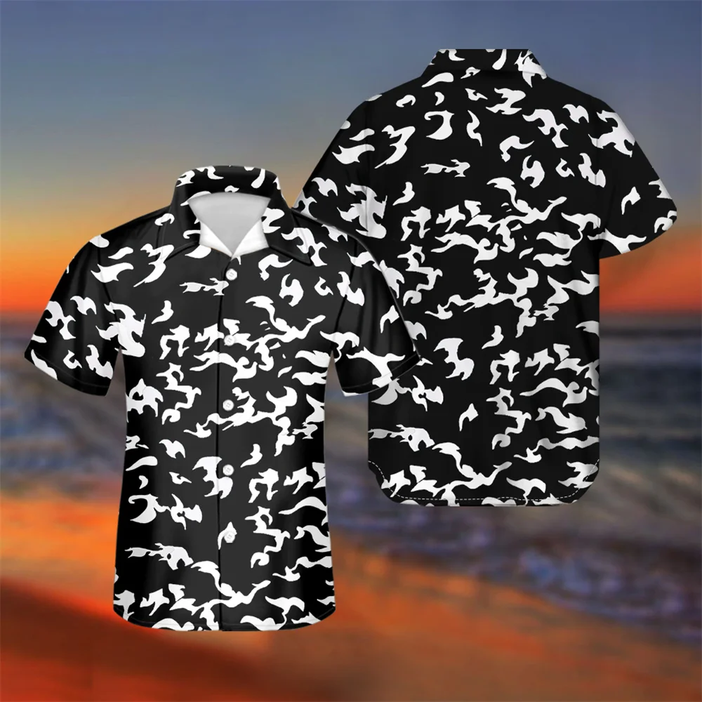 

Black Men's Cuban Camp Collar Guayabera Shirt Camouflage Pattern Button-Down Shirts for Men Short Sleeve Casual Beach Blouse Top