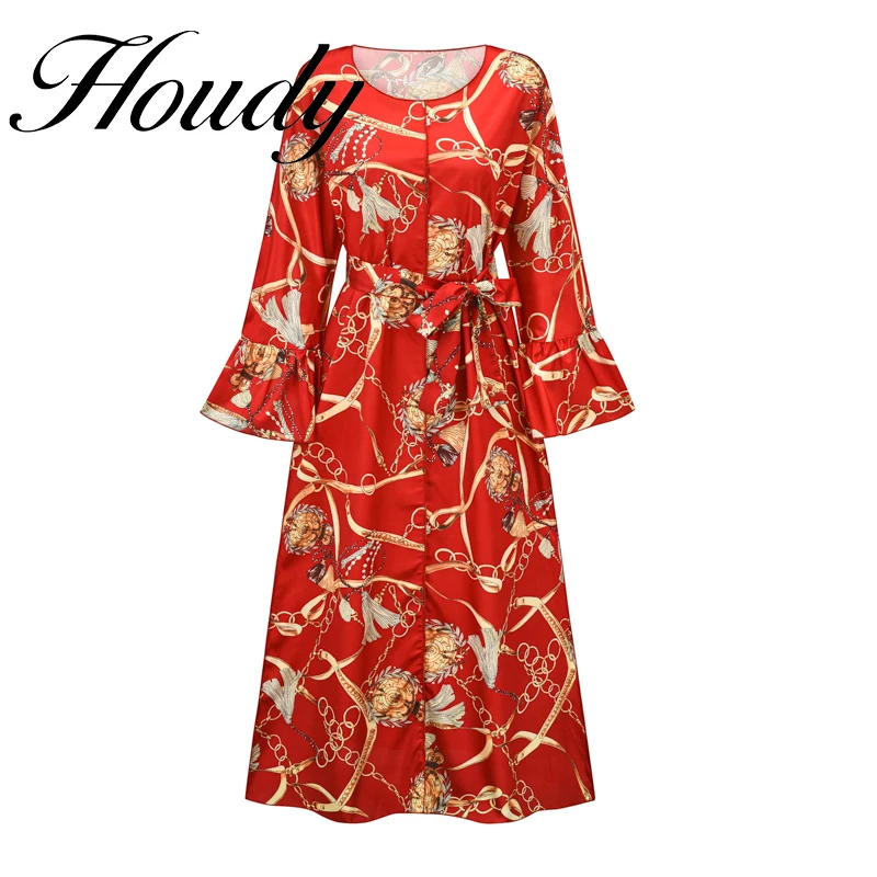 

New Big Red Women Vintage Totem Floral Print Bow Sashes Midi Shirt Dress Female Chic Three Quarter Sleeve Casual Slim Vestidos