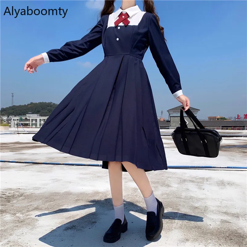 

Japanese Preppy Style Spring Autumn Women Midi Dress Turn-Down Collar Bow Navy Blue Pleated Dress Cute Kawaii Girl's JK Uniform