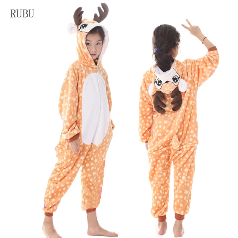 Deer Кигуруми, комбинезон для детей, пижама с единорогом для детей, одеяло с рисунками животных, Пижама, Детский костюм, зимний костюм для мальчиков и девочек с рисунком единорога, Jumspuit - Цвет: Deer
