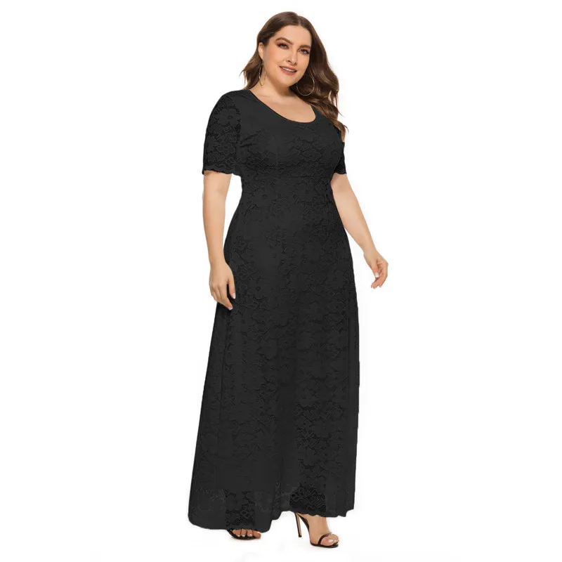 

Plus Size Women Dress Elegant Short Sleeve Evening Dress Long Hollow Lace Long Office Ladies Vintage Oversize Basic Woman Dress