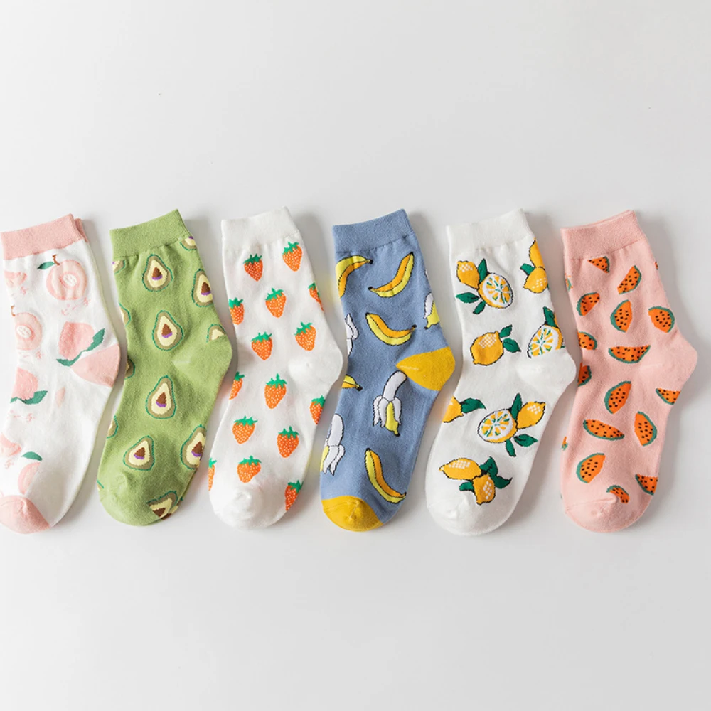 12 Pairs/Lot Cute Woman Socks Girl’s Cartoon Fruit Avocado Peach Funny Cotton Socks Ladies Comfortable Soft Casual Long Socks