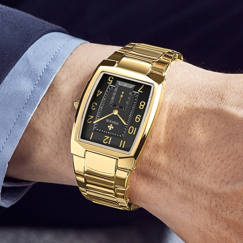 WWOOR 2021 Mens Watches Top Luxury Brand Quartz Mens Watches Gold Black Sports Wristwatch Man Stainless Steel Relogio Masculino