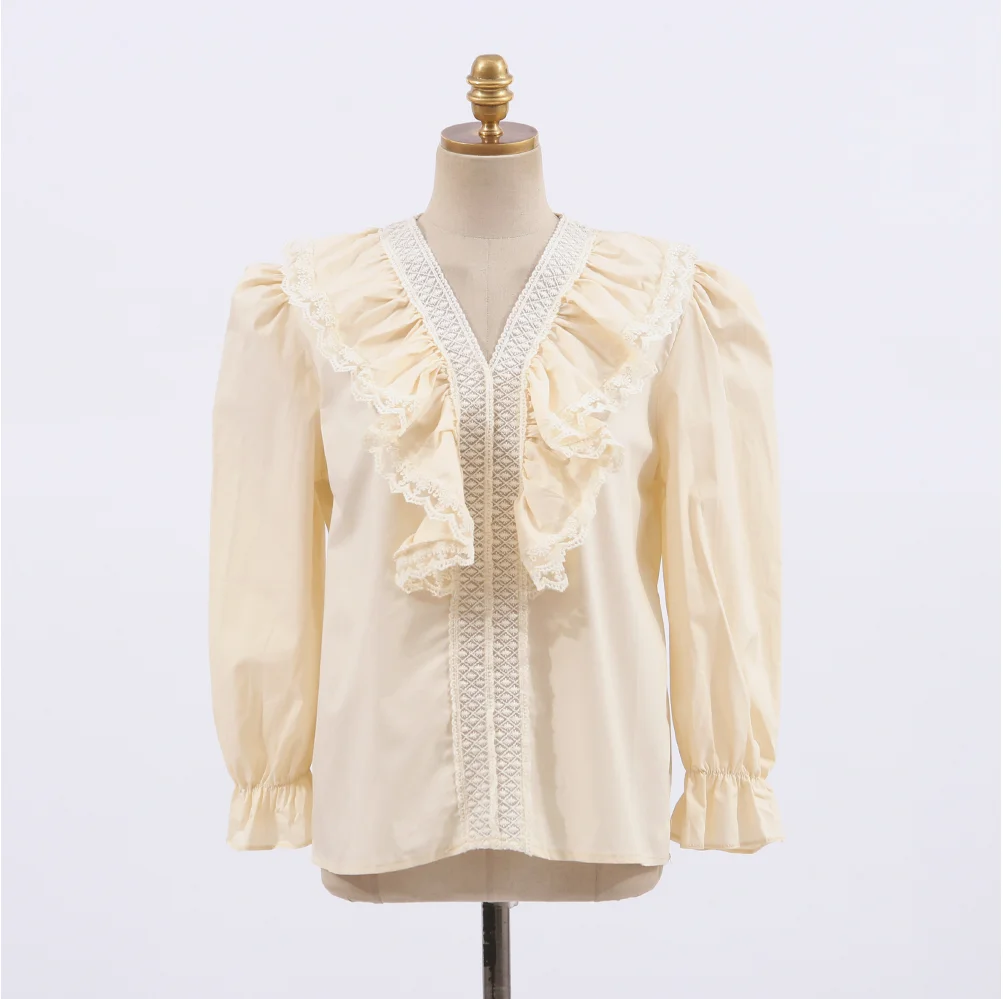 

Houthion New Women's Blouses Solid Fashion Blouse V-neck Comfortable Summer Sleeve Korean Shirt Beach Style Puff Sleeve