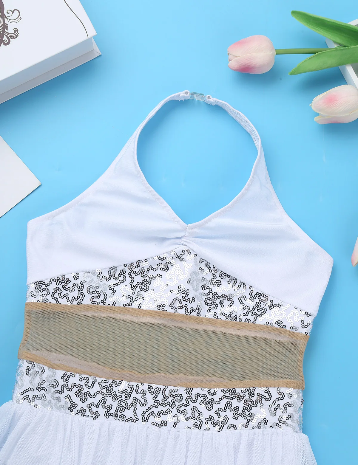 ChicTry Girls Halter Sequin Mesh Stretchy Figure Skating Dress Gymnastics Ballet Leotard Kids Performance Lyrical Dance Costumes
