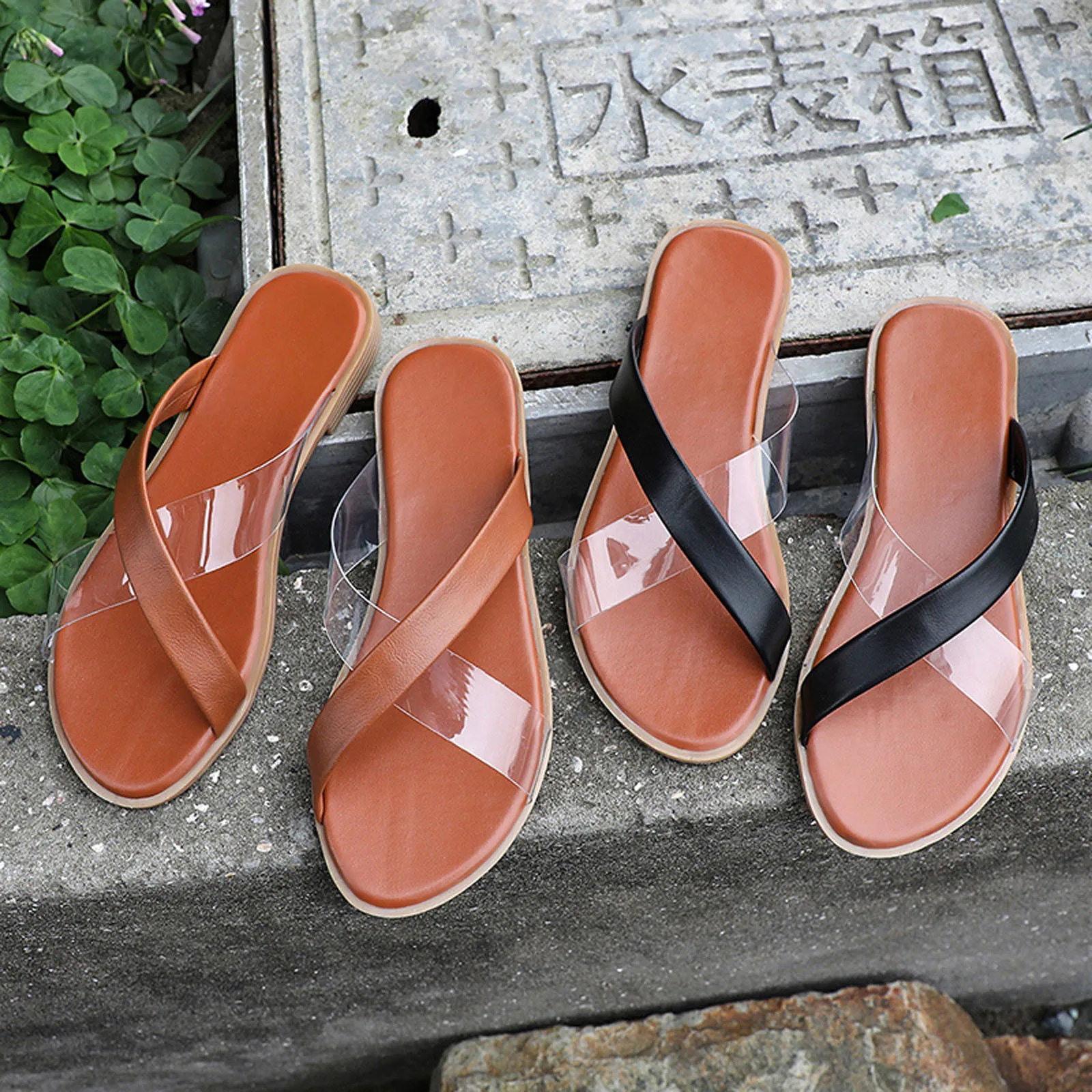 

Slippers Women Summer Flat Slippers Cross Tied Transparent Strap Sandals Outdoor Shoes Women Sandals
