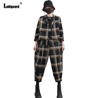 ladiguard tracksuit set women fashion two pieces suit sets female stylish plaid print coat wide leg pants sets jogging femme