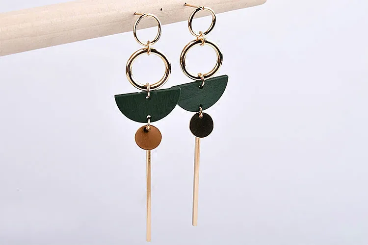 Простые крупные геометрические деревянные круглые полукруглые Двойные серьги