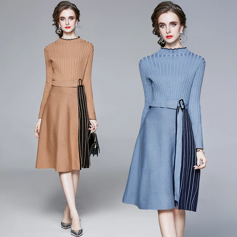 

Women Autumn Elegant Sweater Dress High Quality Striped Patchwork Flare Sleeve A-line Knitted Dress Robe Femme Vestido De Mujer