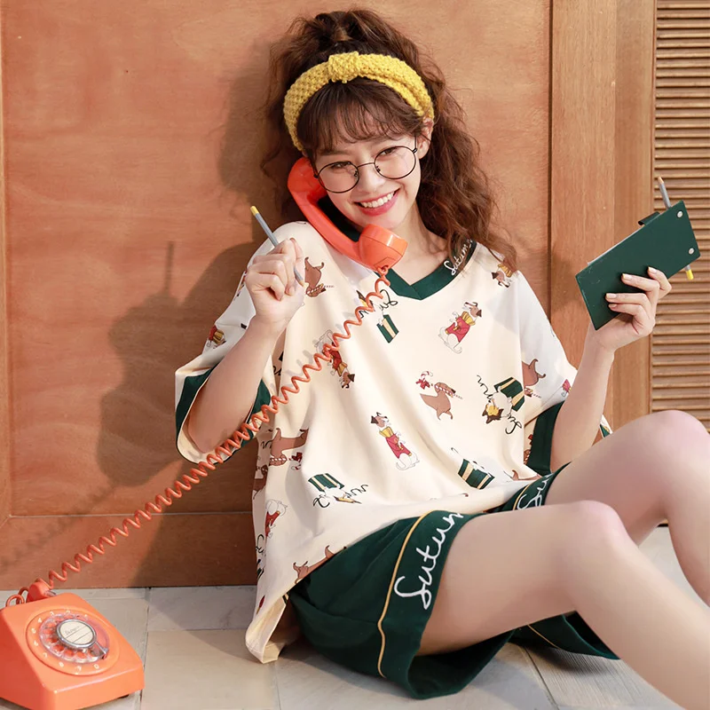 

W Pajamas Women Summer Short Sleeve Cotton Pajama Sets Summer Women Korean Student Home Clothes Lovely Cartoon Suit Cotton