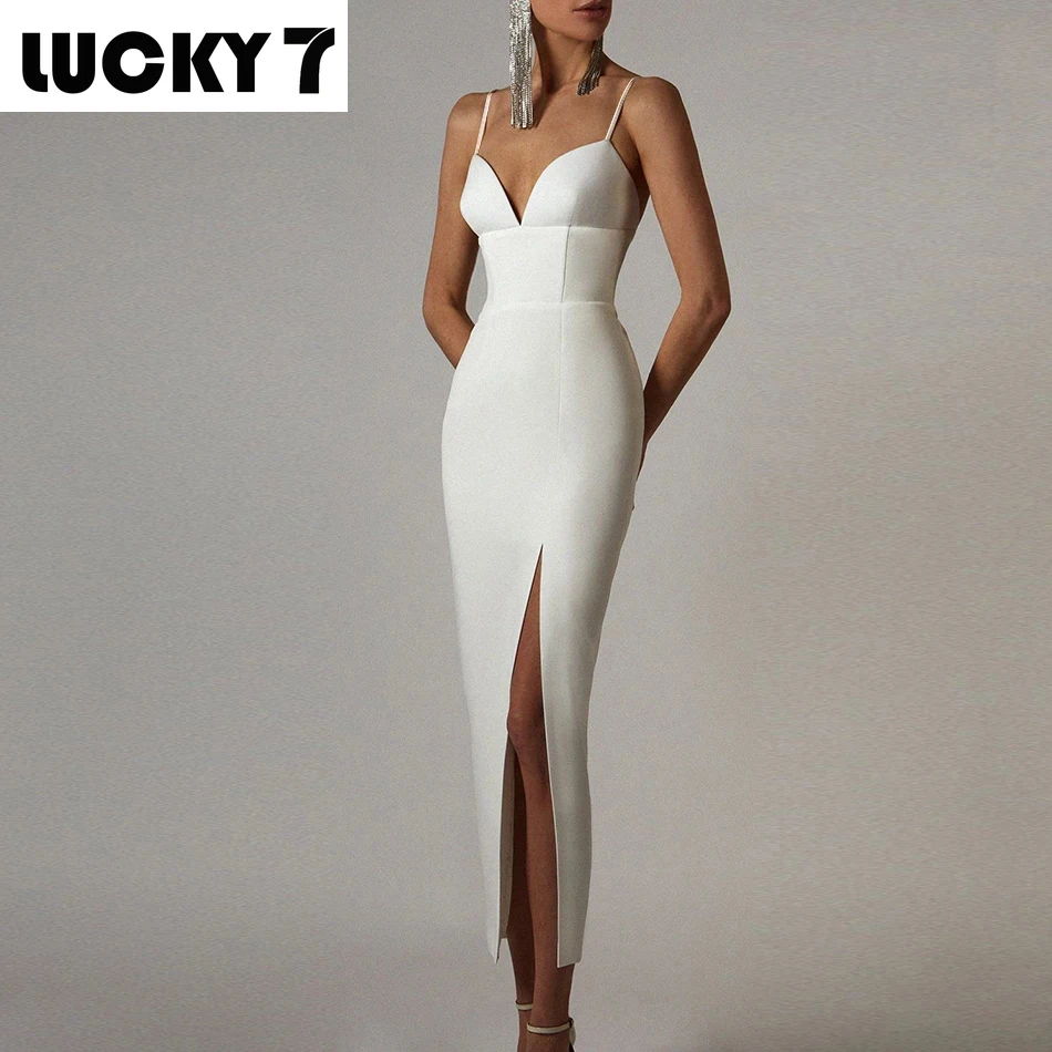 

New summer women's dress white tight bandage dress sexy V-neck thin straps club celebrity evening show party dress