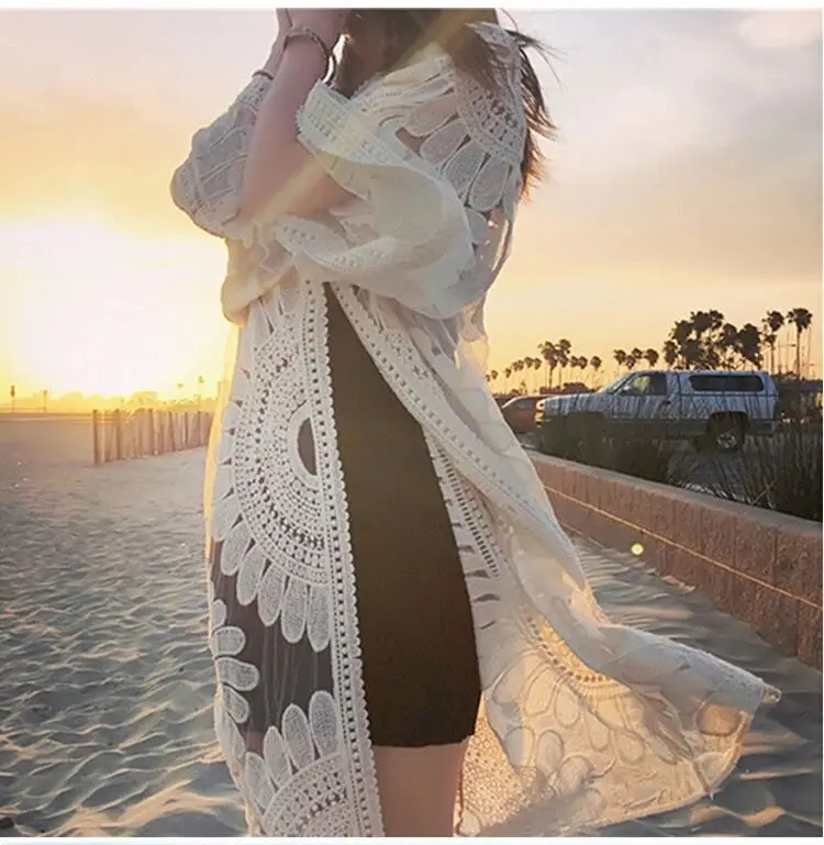 

Flower lace beach cover up swimwear kimono flare sleeve see through long cardigan bikini outer cover sexy blouse women