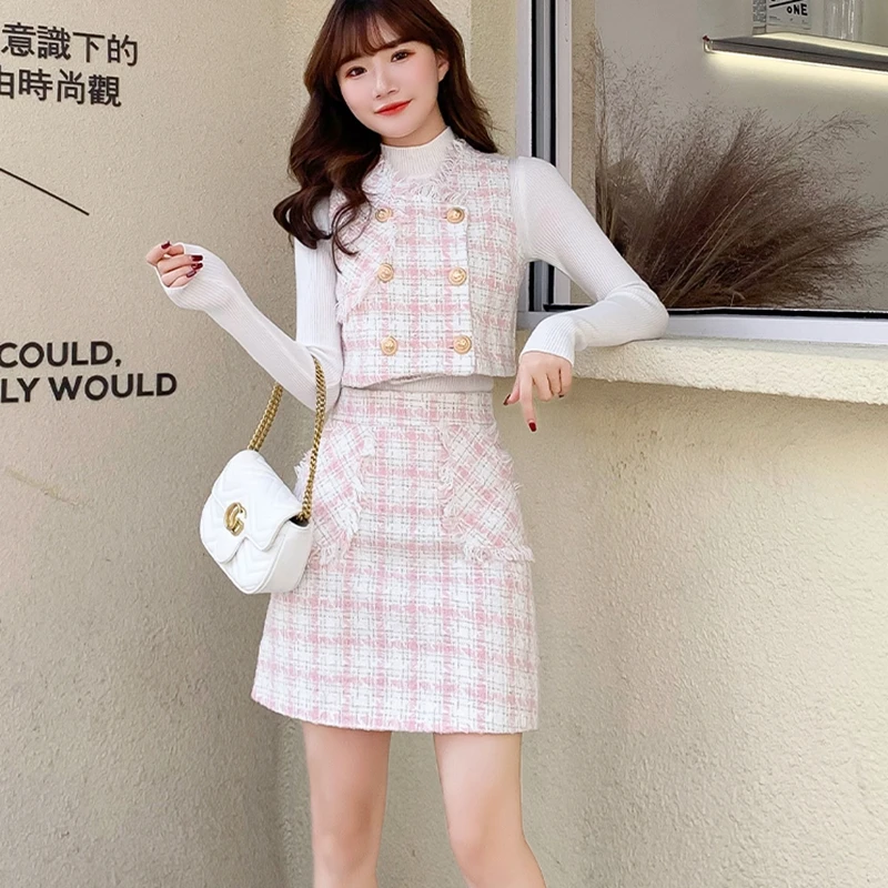 

Vintage Sweet Women Gold Button Plaid Vest High Waist A line Mini Short Skirts High quality Sleeveless Suits Tassel 2 Pieces Set