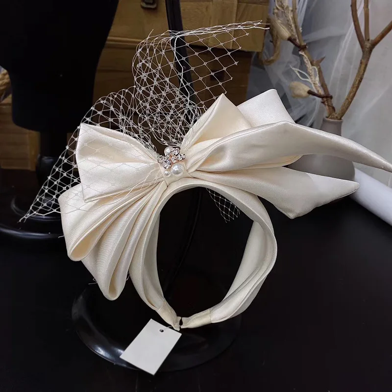 

Vintage Champagne Mesh Bow Headband Bridal Headdress wedding hair Accessories