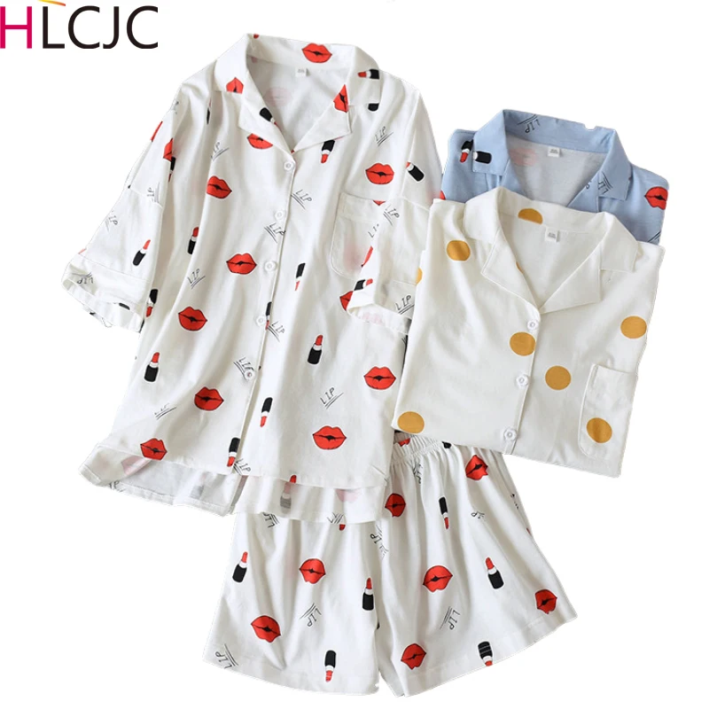 

Женский пижамный комплект с принтом красных губ, шорты с короткими рукавами, пижамы, Femme, японская Пижама, Mujer, хлопковая одежда для сна, Свобо...