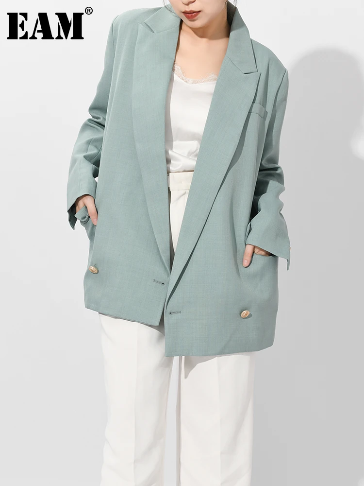 

[EAM] женский зеленый темпераментный Блейзер большого размера, новая свободная куртка с отворотом и длинным рукавом, модная демисезонная 2022 ...