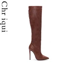 Женские однотонные повседневные сапоги до колена Chriqui, женские сапоги на молнии и высоком каблуке из свиной кожи, коричневые, черные, зеленые, зимние сапоги на высоком каблуке