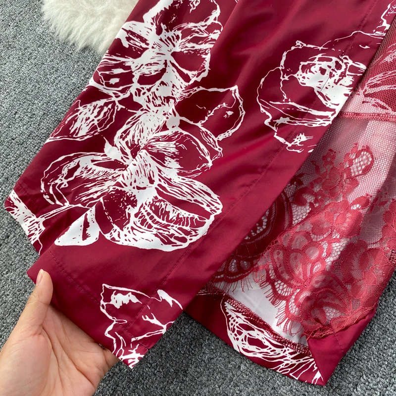 

Women Casual Lace Patchwork Printed Bodycon Dress Ladies Office Elegant V-Neck Short Sleeve High Waist Vestidos With Sashes 2021