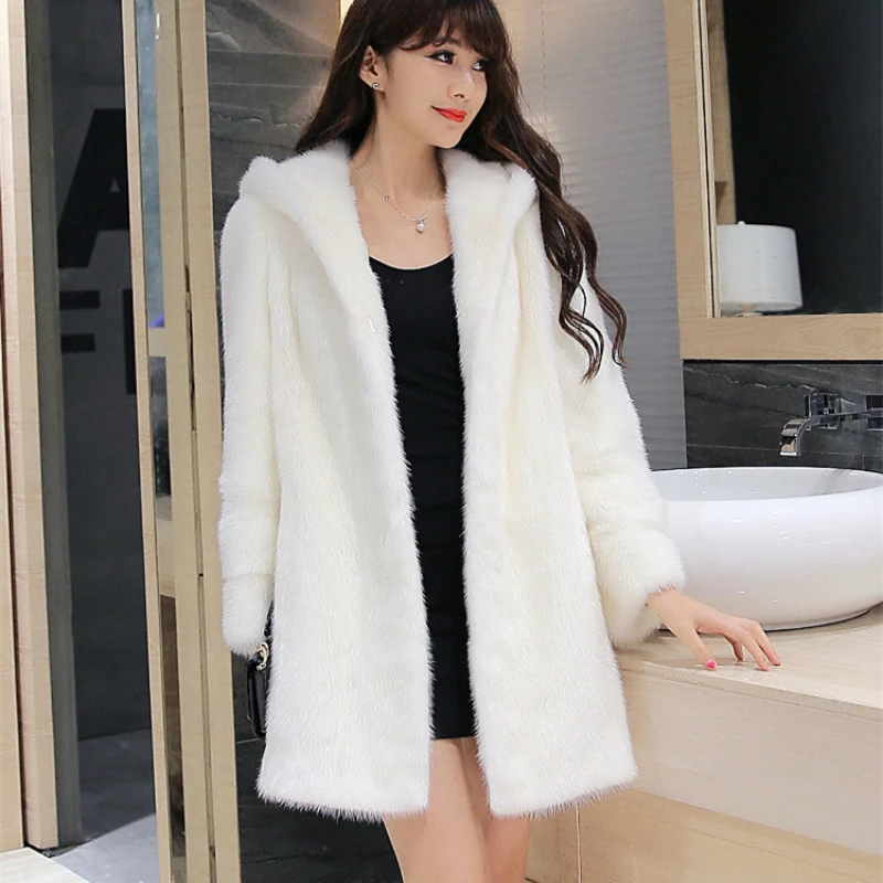 artificial fur coat Women Mink Fur Jacket Hooded Faux Rabbit Coat Long Overcoat Plus Size Outwear 4XL Winter | Женская одежда