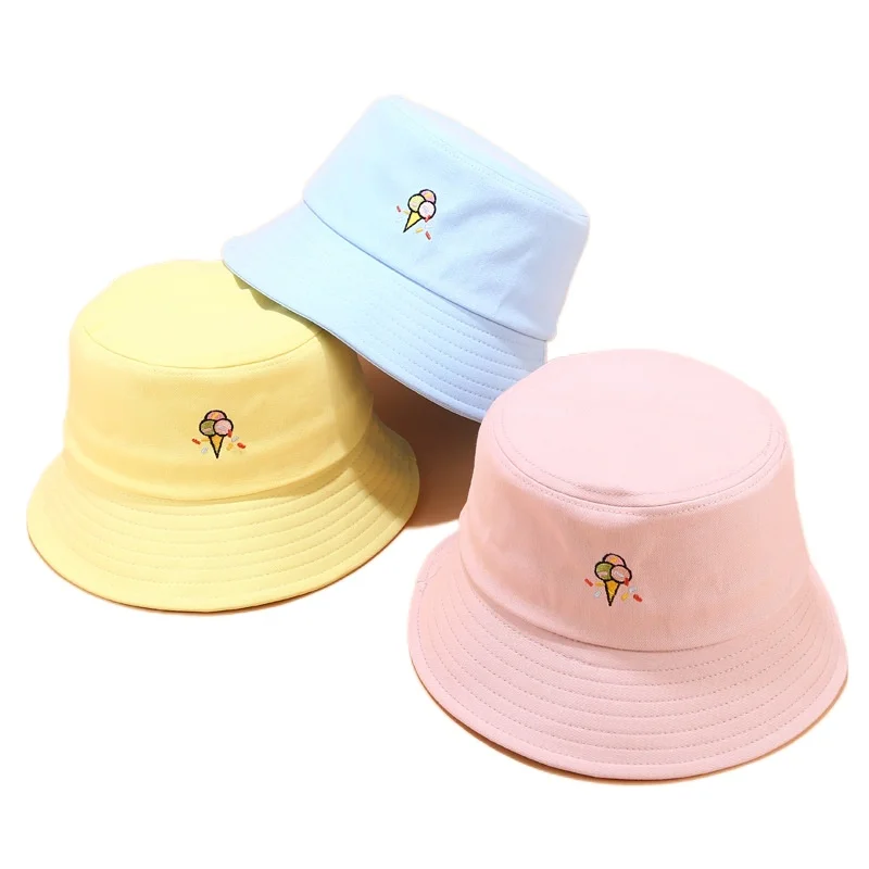 

Ice Cream Bucket Hat for Women Cotton Candy Color Embroidery Summer Sunhat Outdoor Sports Fishing Cap Vacation Beach Panama Bob