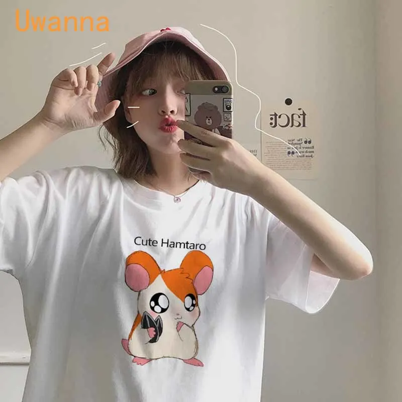 

Kawaii Hamtaro женская футболка с принтом милые Мультяшные футболки с коротким рукавом Повседневный Белый Топ Футболка Женская Harajuku футболки жен...