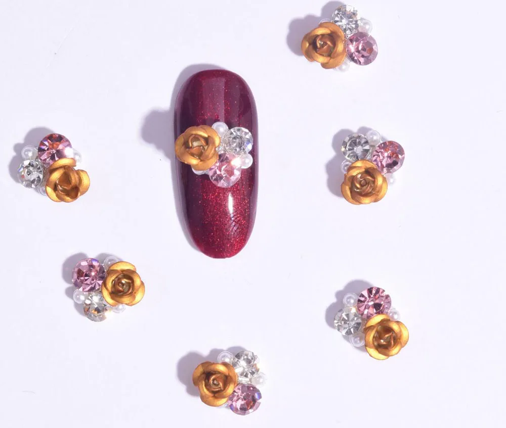 

JE370-378 10pcs Fancy Metal Charms Rhinestone 9 Colors Flower Charms Luxury Nail Art Rose Jewel with Pearl and Crystal Nails 3d