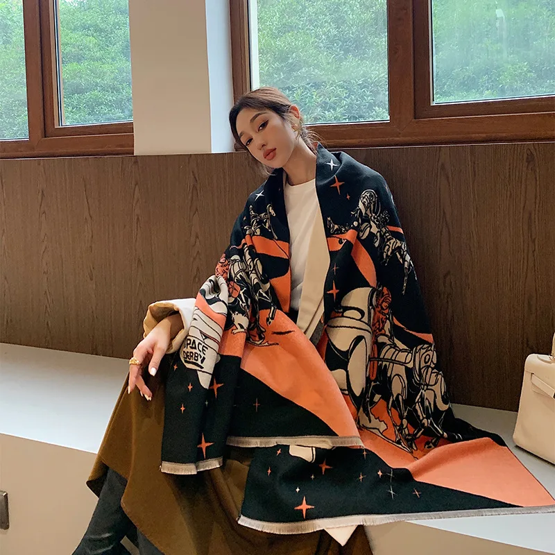 

2021 Luxury Brand Women's Winter Cashmere Horse Scarf Shawls Lady Warm Scarves Poncho Wraps Pashmina Thick Capes Blanket Femme