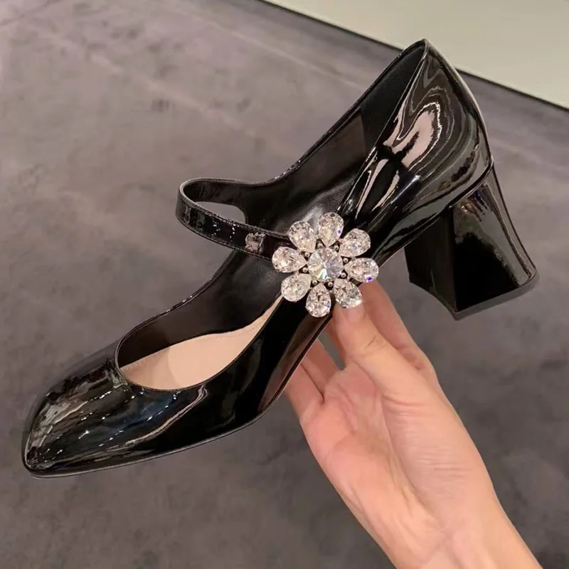 Runway Shoes Women High Heels Rhinestones Wedding Party Dress Shoes Ladies Black Patent Leather Mary Janes Pumps Women's Shoes