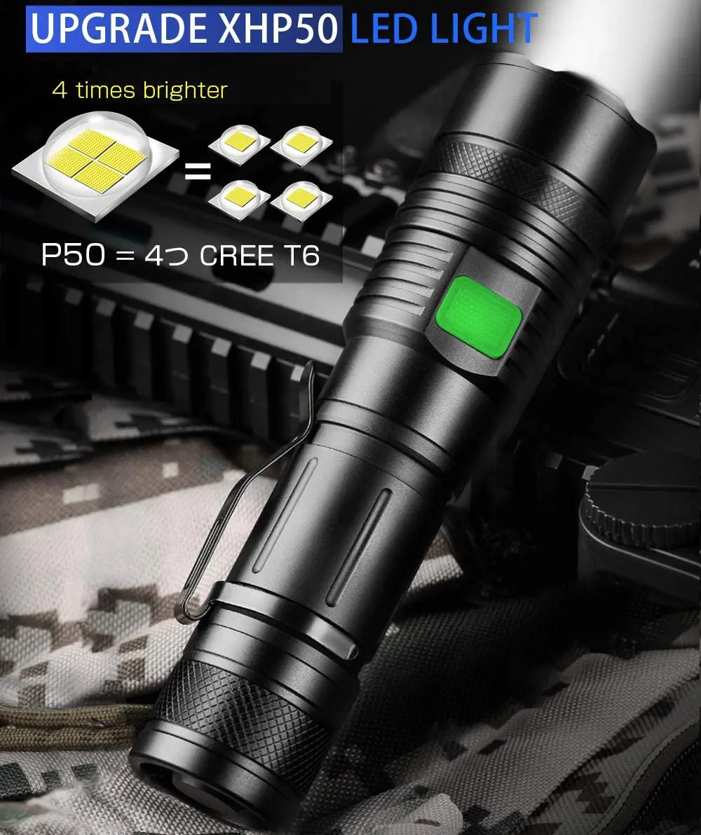 

Rechargeable 1000 Lumens Bright Flashlight With XHP50 Chip Compact LED Torch for Hiking Hunting Camping Outdoor Sport Home Use
