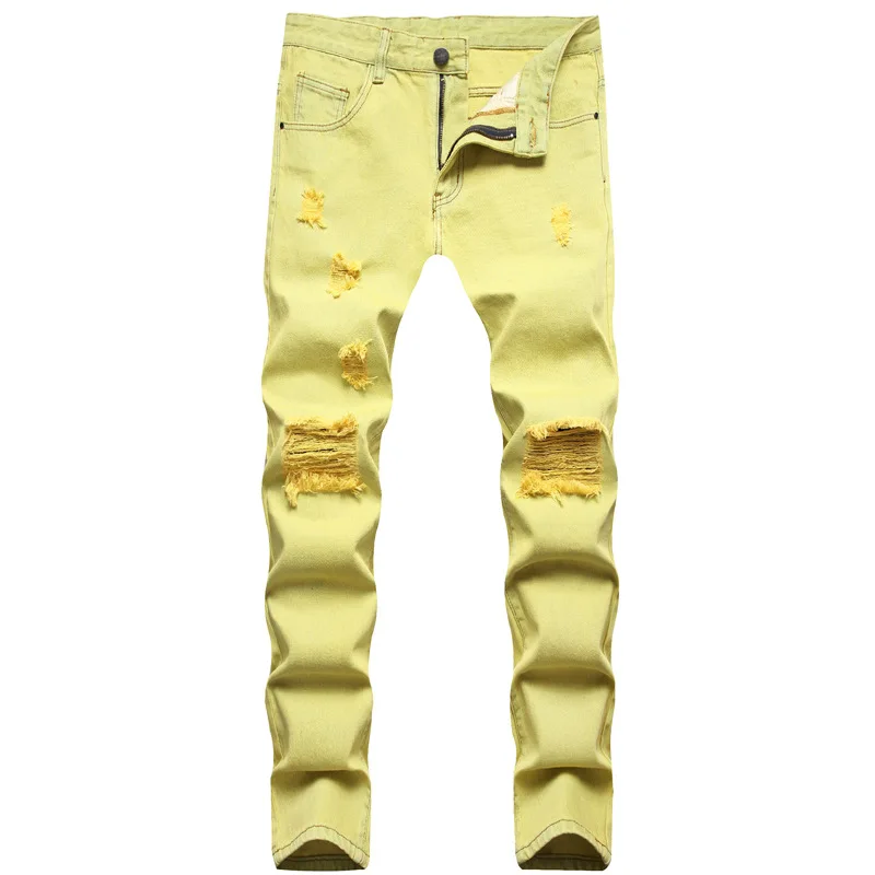 

North American non-stretch ripped casual jeans mid-rise youth bleached and dyed yellow straight-leg trousers hip hop jeans 2021