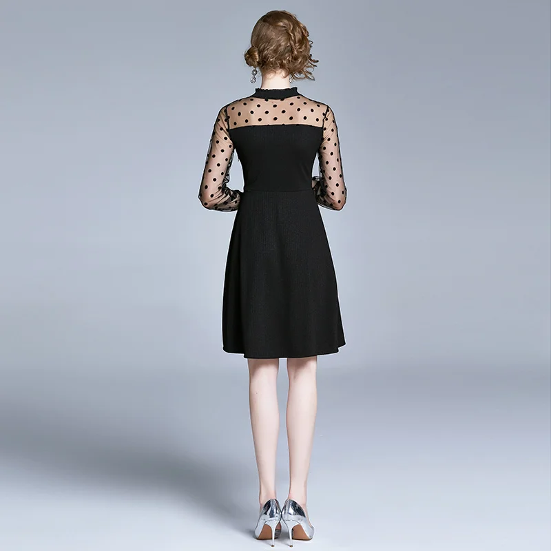 

New Elegant Casual Fashion Women Dot Mesh Flocking Patchwork Slim Tunic Dress Girl Lady Long Sleeve Dresses