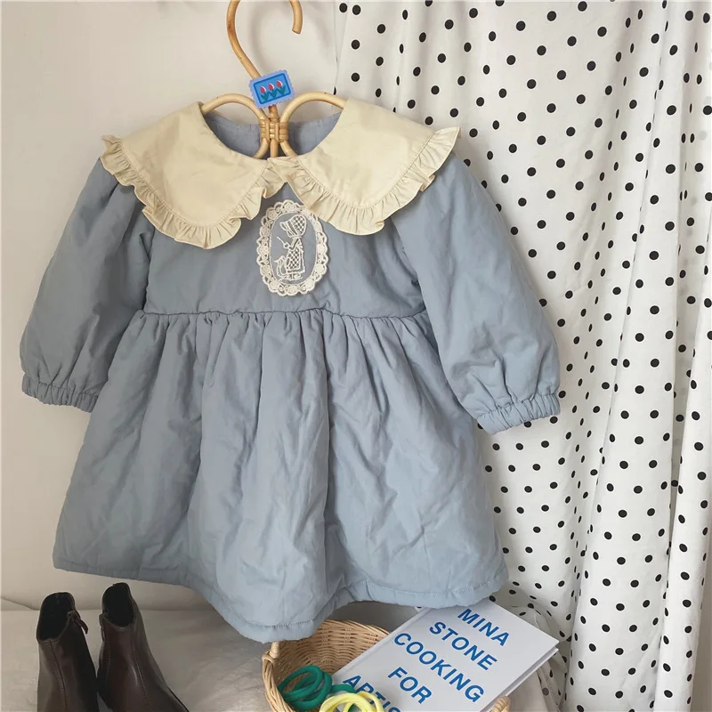 

Осеннее зимнее кружевное стеганое платье для девочек, милое Хлопковое платье с кружевным воротником для девочек, Рождественская одежда для...