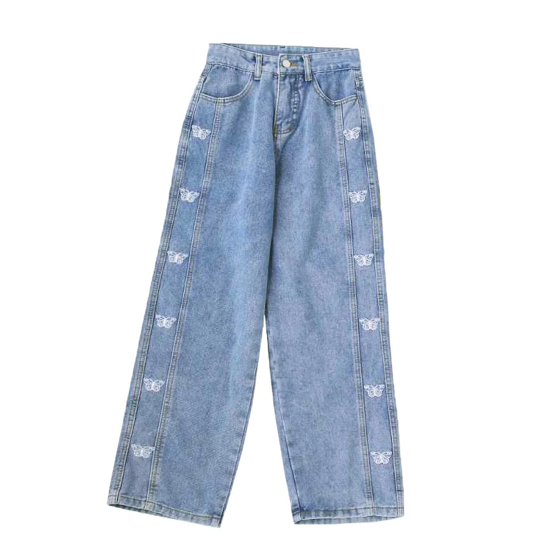 

Denim Jeans Womens Spring Autumn High Waist Loose Casual Bottoms Beautiful Butterfly Embroidery Vintage Blue Jean Trousers Long