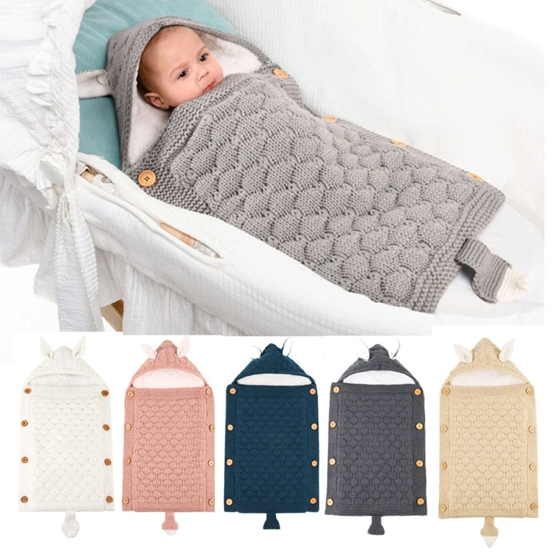 

Baby Hood Button Thick Warm Stroller Sleeping Bag Knit Envelopes Swaddle Blanket D0AF