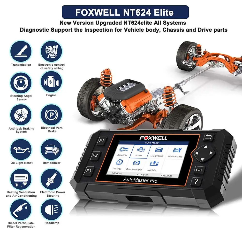 Диагностический инструмент Foxwell NT624 Elite для всех систем OBD2 считыватель кодов с