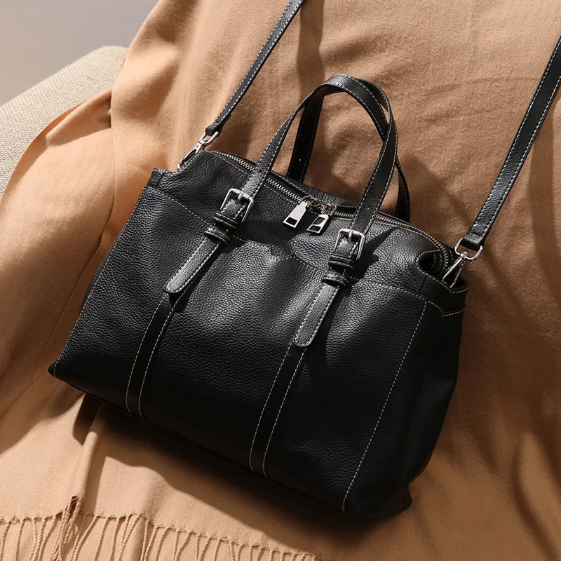 

Genuine Leather Women Totes Luxury Handbags Double Zipper Design Ladies Shoulder Bags Designer Real Cowhide Handbag Sac A Main
