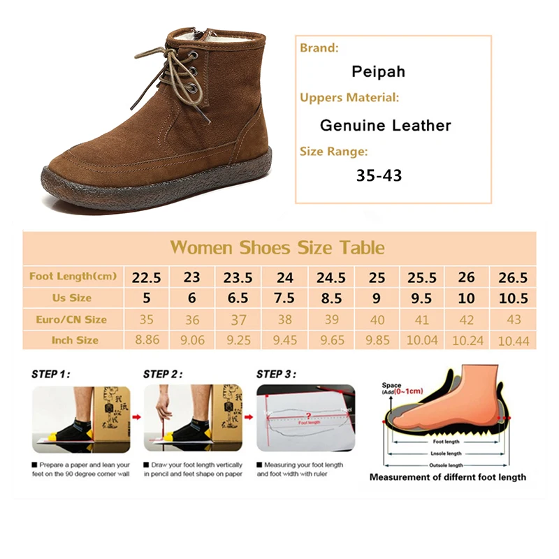 

PEIPAH Genuine Leather Women Flat Boots Ladies Wool Lace Up Marting Shoes Woman Ankle Solid Snow Boots Female Round Toe Footwear