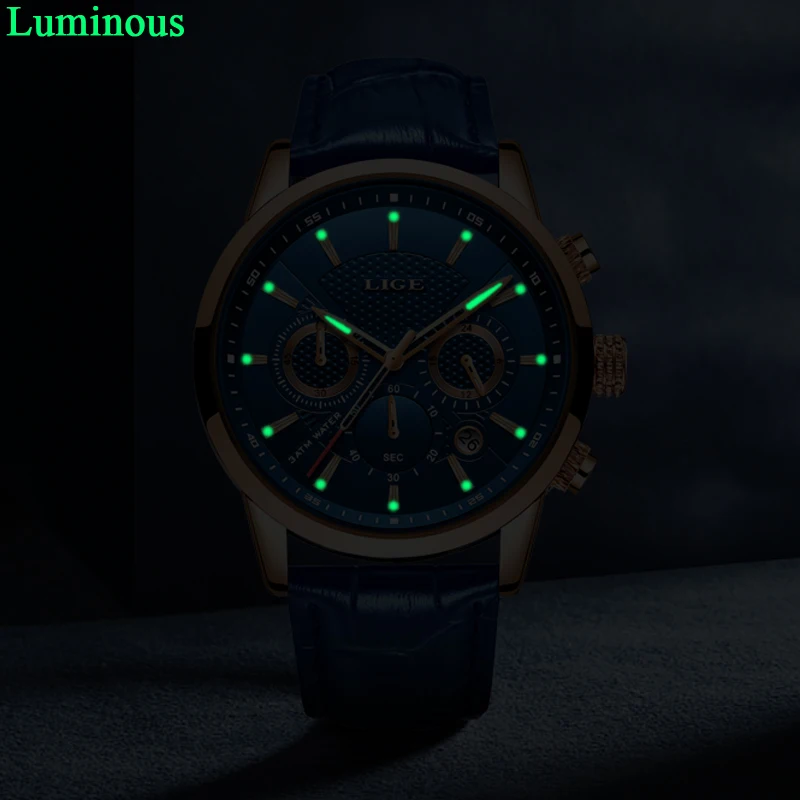 Часы наручные LIGE мужские с кожаным ремешком брендовые Роскошные повседневные