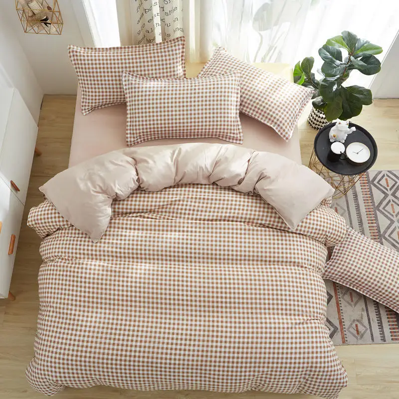 

Simple Style Light Brown Classic Grid Bedding Set Soft AB Side Comforter Cover Bed Sheet Pillowcases Bed Linens for Kids Adults