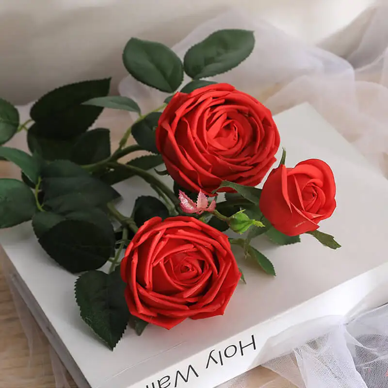 Xuanxiaotong 3 Head 77cm Yellow Silk Tea Rose Flower Artificial for Home Wedding Decor Pink White Champagne Roses with Leaves | Дом и сад