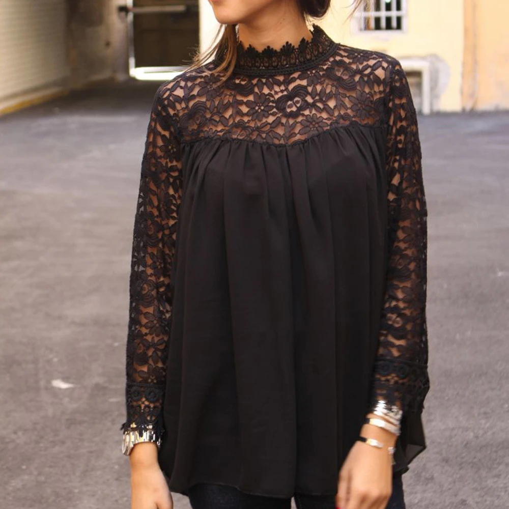Женская кружевная Лоскутная офисная блузка с высоким воротом свободная