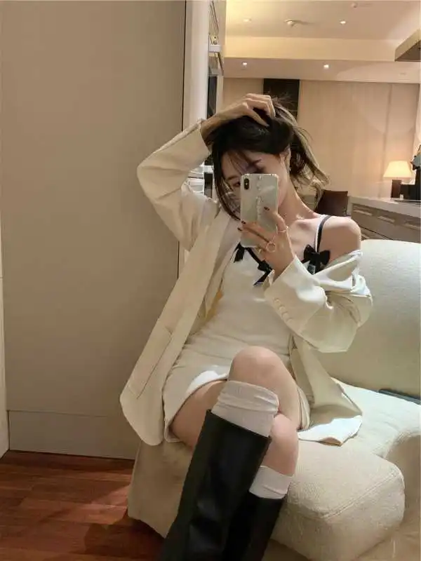 

Bow Suspenders Dress for Women 2021 Summer French Sweet and Spicy Gentle Inner Wear Hot Girl Sheath Short Skirt