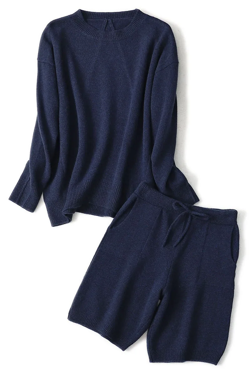 100% wool suit women's round neck loose loose pullover lazy sweater full sleeve knitted cashmere shortssuit  High-end comfort