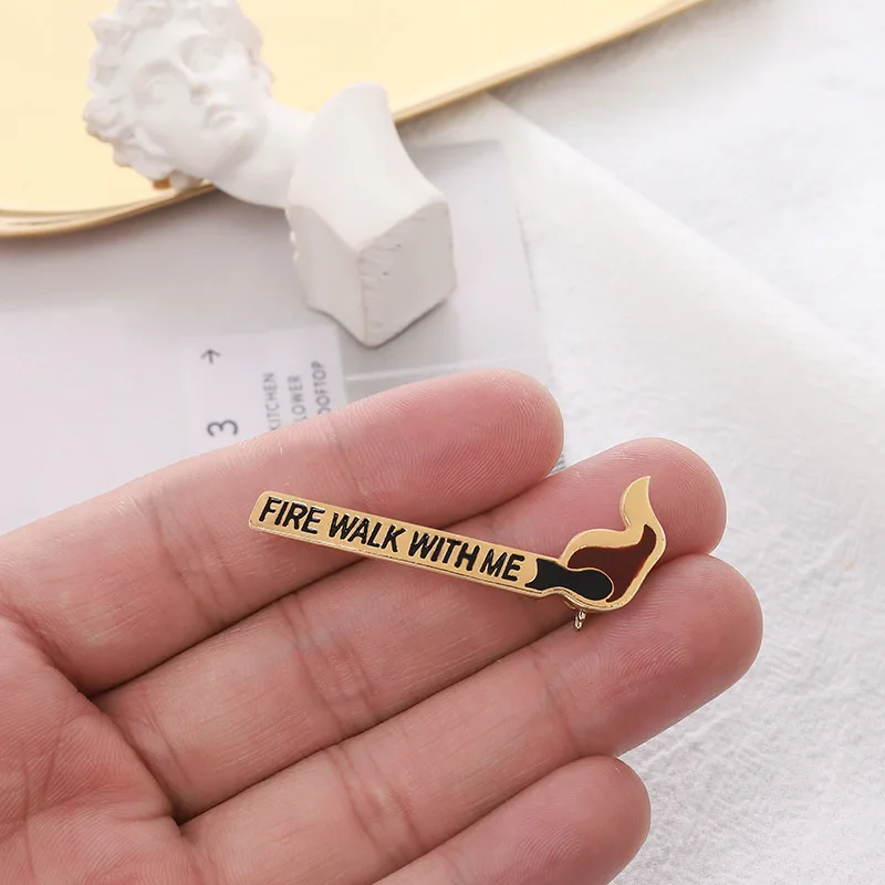 Fun Golden Match Fire Walk with Me Letters Enamel Brooch Alloy Badge Clothes Backpack Pin Accessories Punk Jewelry Gift For Kid | Украшения