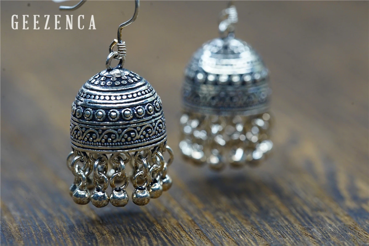 GEEZENCA 925 Sterling Silver Earrings for Women Indian Small Bells Beads Drop Earrings Ethnic Vintage Jewelry Party Gift