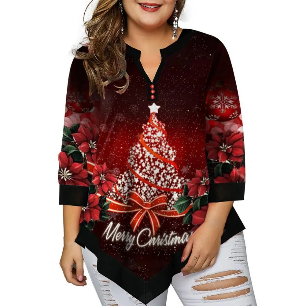 

Christmas T-shirts Women Winter Top V Neck Three-quarter Sleeve Polyester Christmas Printed Flowy Women Blouse Party Clothes