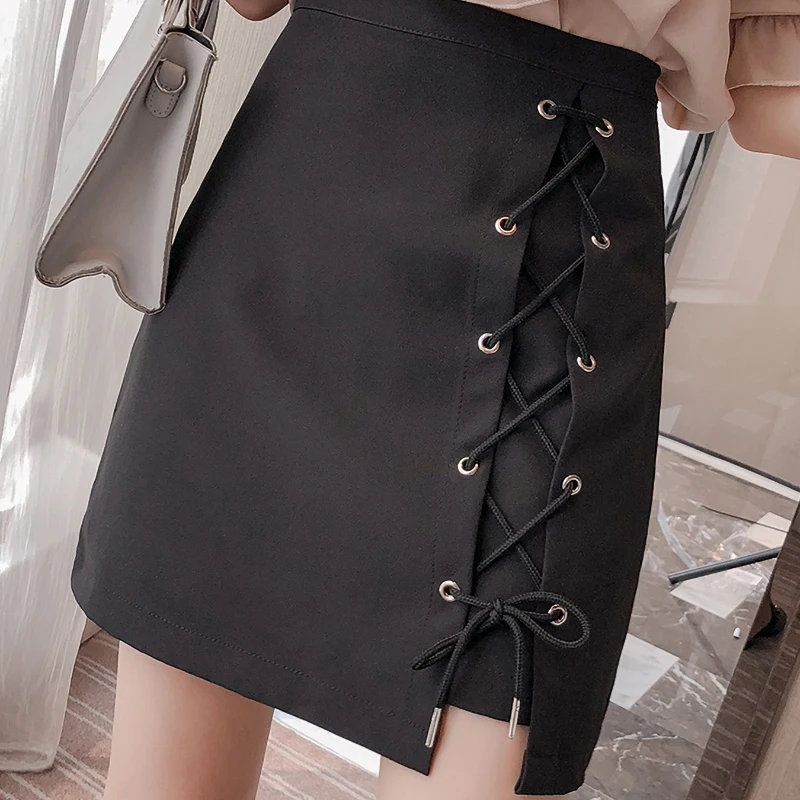 

Solid A-Line Casual Women Skirt Lace-Up Above Knee High Waist Kawaii Skirts Korean Vogue Ladies Cute Sweet Skirts