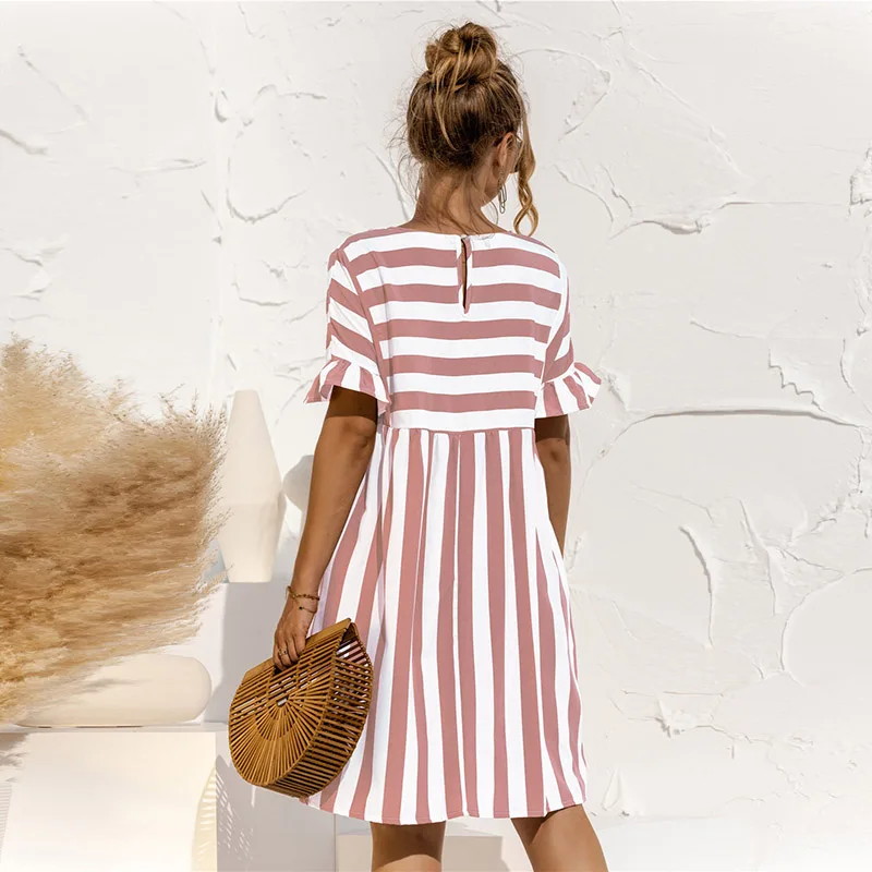 

Women Striped Dress Summer Cute Ruffle Sleeve Patchwork A Line Dresses Elegant Loose Pocket O Neck Ladies Beach Dress Vestidos